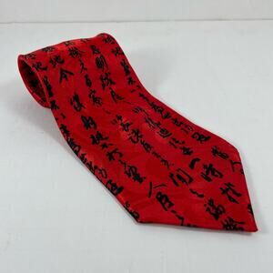 Gold City Neck Tie Red/Black Asian Script 4" X 59.5" 100% Hand Made Silk Casual